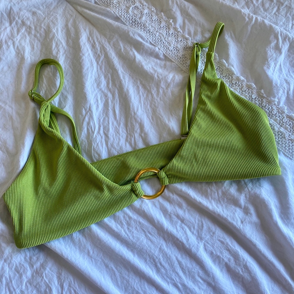 Green bikini top with gold ring accent